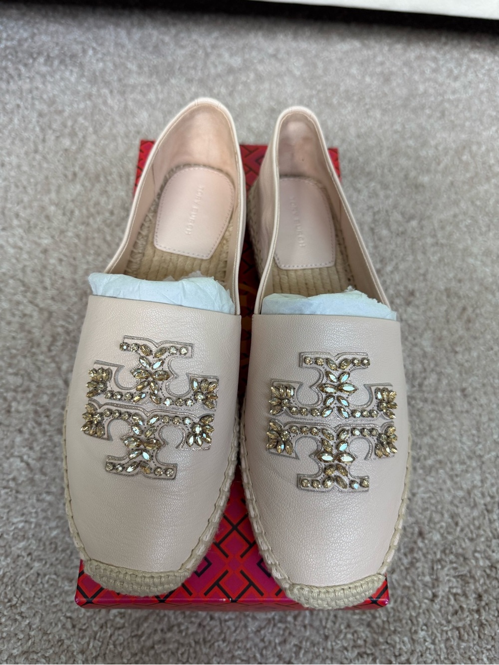 BRAND NEW Tory Burch Light Rose Leather Crystal-Embellished Espadrille Slip-Ons